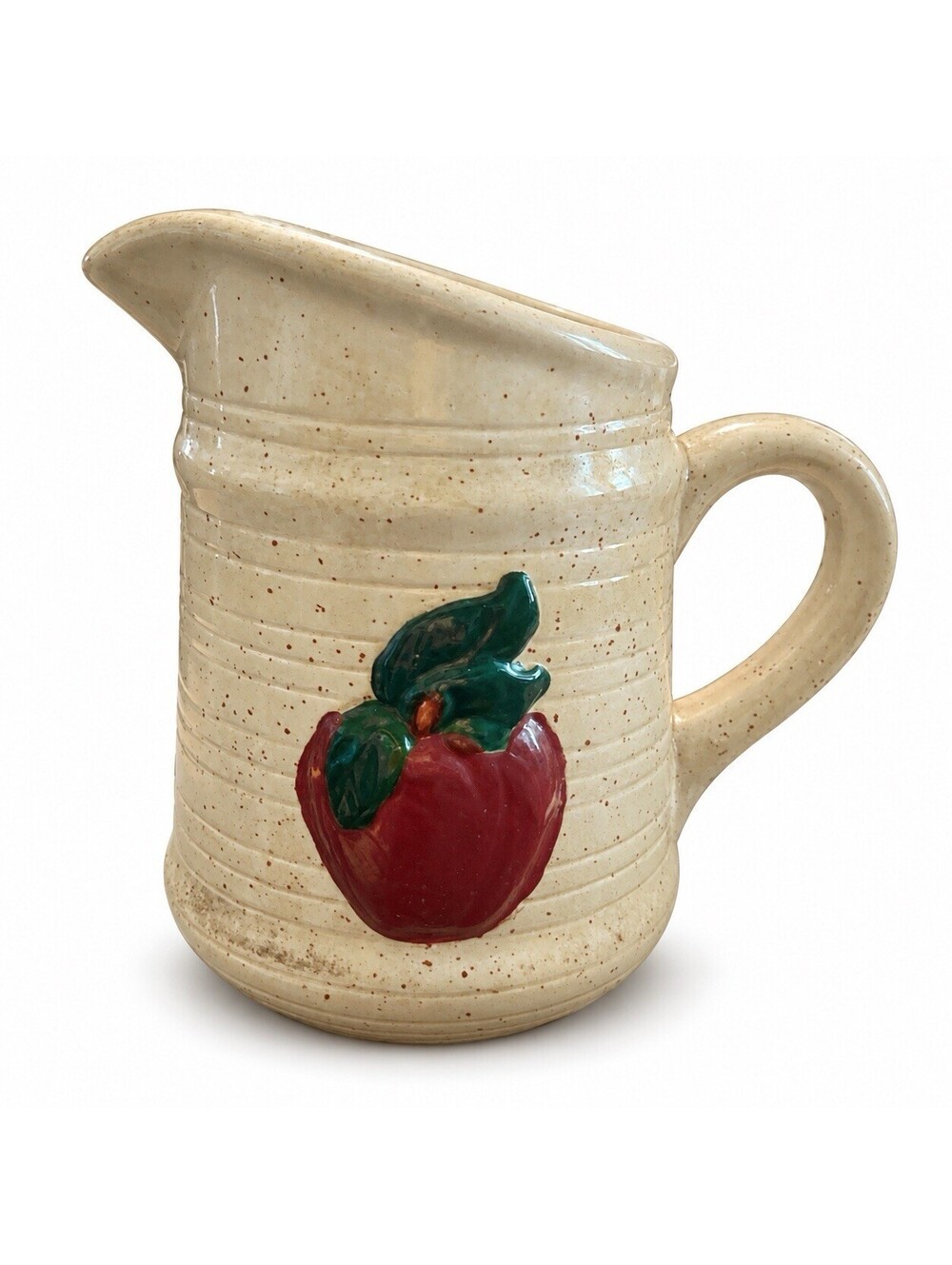 Apple Pitcher 6” Cream Speckled Ceramic Raised Fruit Country Farmhouse Deco